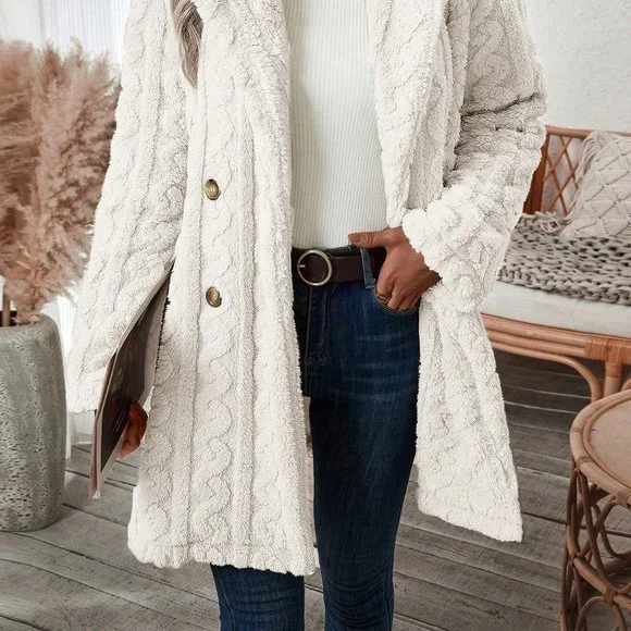 White Preppy Womens Double Breasted Lapel Neck Flannelette Coat - Picture 4 of 5